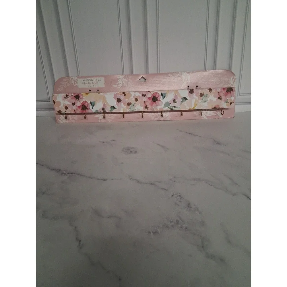 Floral Jewelry Holder/Organizer Wall Mounted 17-3/4 x 1-1/2 inches w/ 9 Hooks